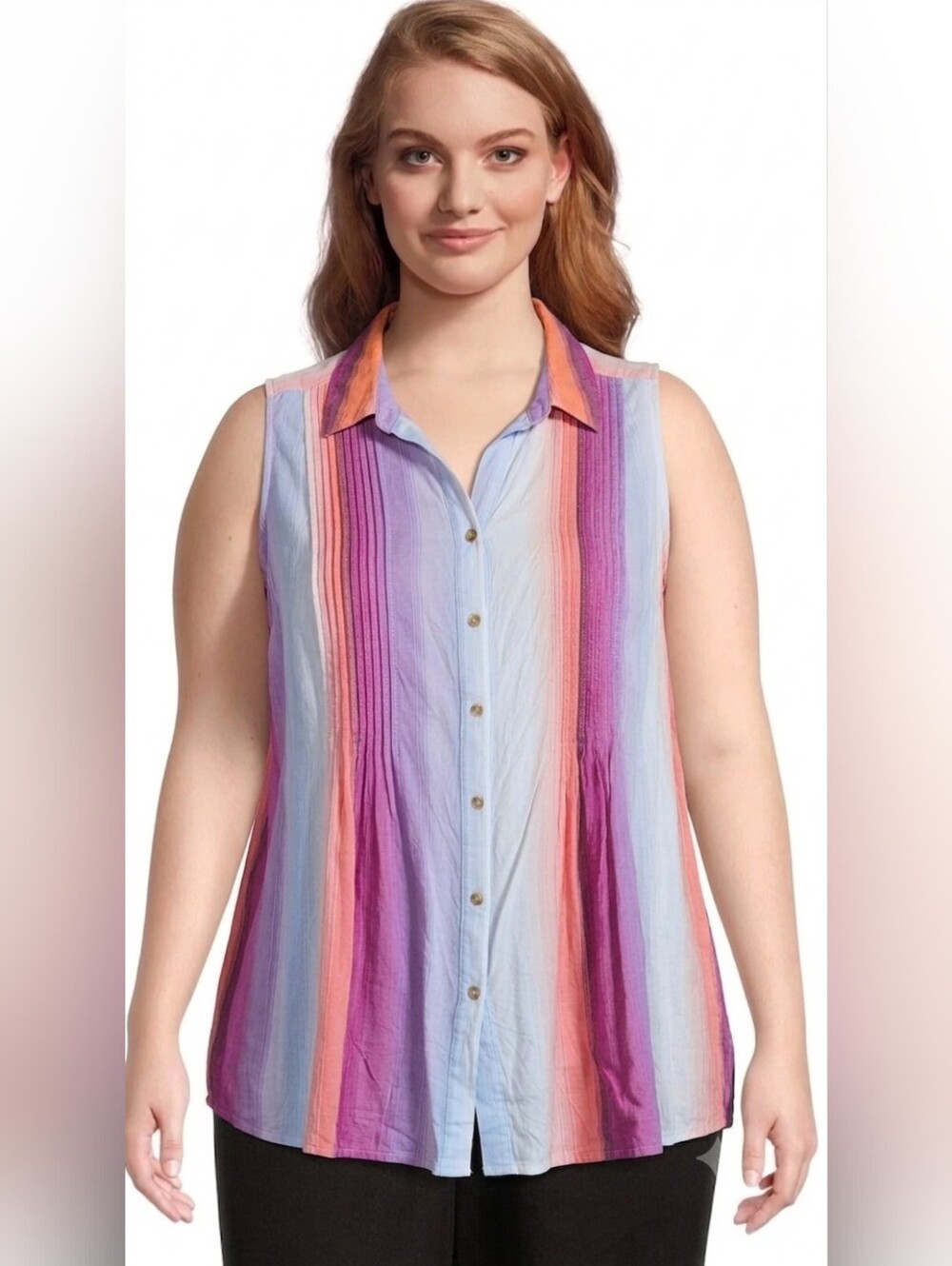 Terra & Sky Striped Sleeveless Pintuck Camp Shirts Size 1x